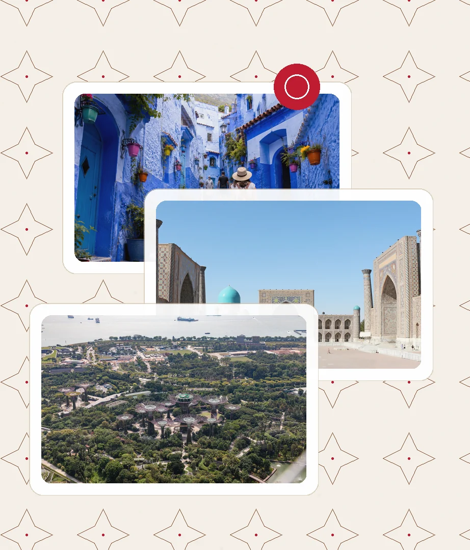 A collage of destinations Jarjinia operates — from Chefchaouen to Samarkand.